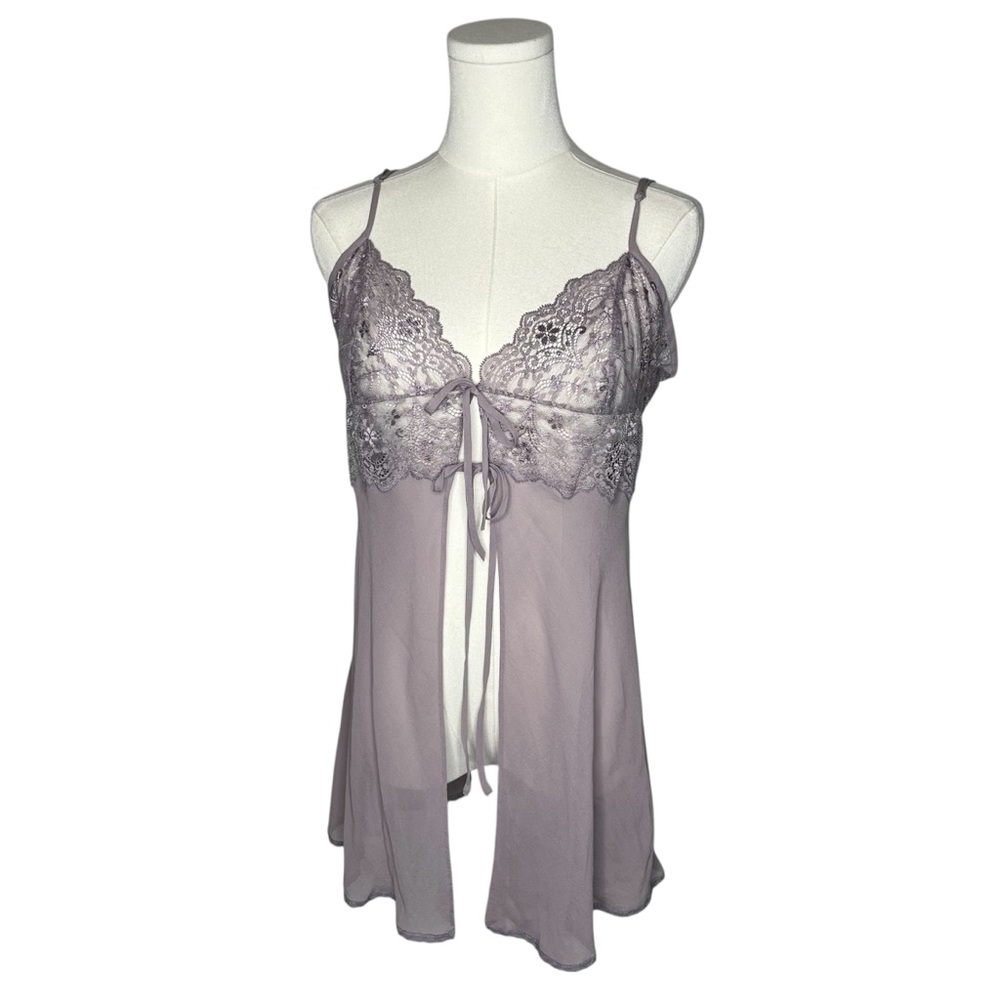 Y2K Victoria’s Secret Sheer Silk Purple Lace Babydoll Tie Front Vest Top Chemise